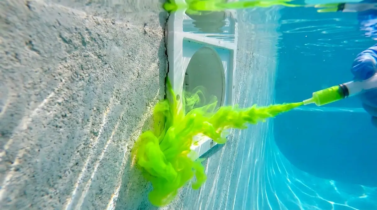 Colored dye being released underwater next to a pool skimmer opening to reveal whether water is being drawn out through a gap.