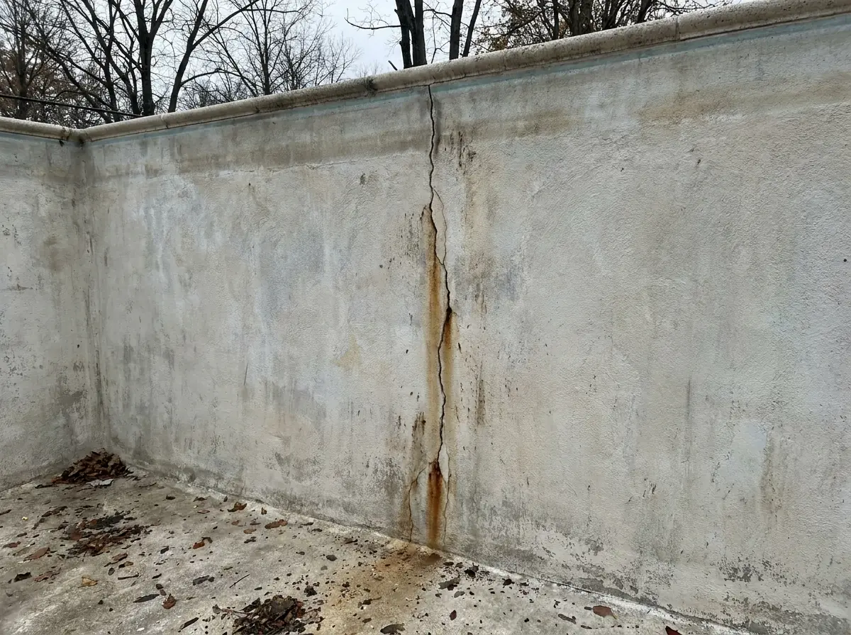 A structural crack in the plaster wall of a drained gunite pool, photographed in cold weather before a repair.