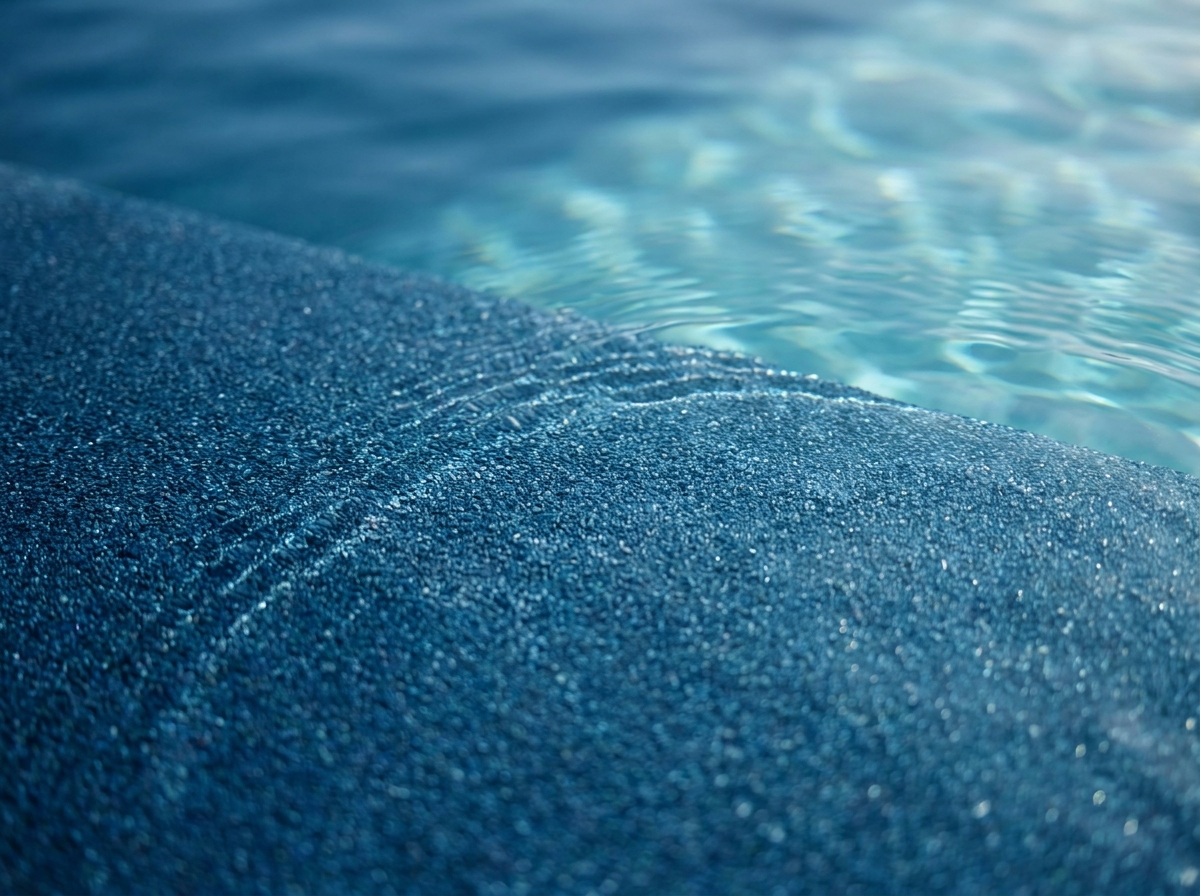 Smooth seamless ecoFINISH pool surface showing the heat-fused continuous coating finish with clean blue water