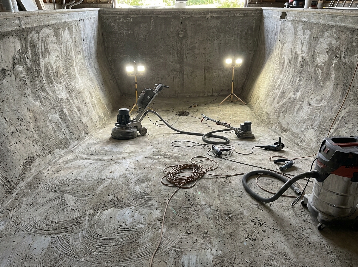 Pool surface preparation work in progress showing grinding and prep before ecoFINISH coating application