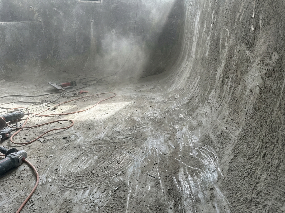 Close-up of a pool shell surface being ground and profiled before coating application