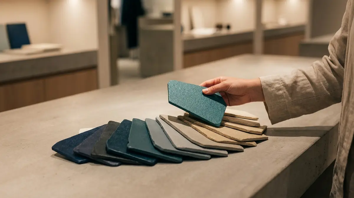 A hand holding physical ecoFINISH color samples in the Riverside showroom, with the full range of finish colors laid out on the counter.
