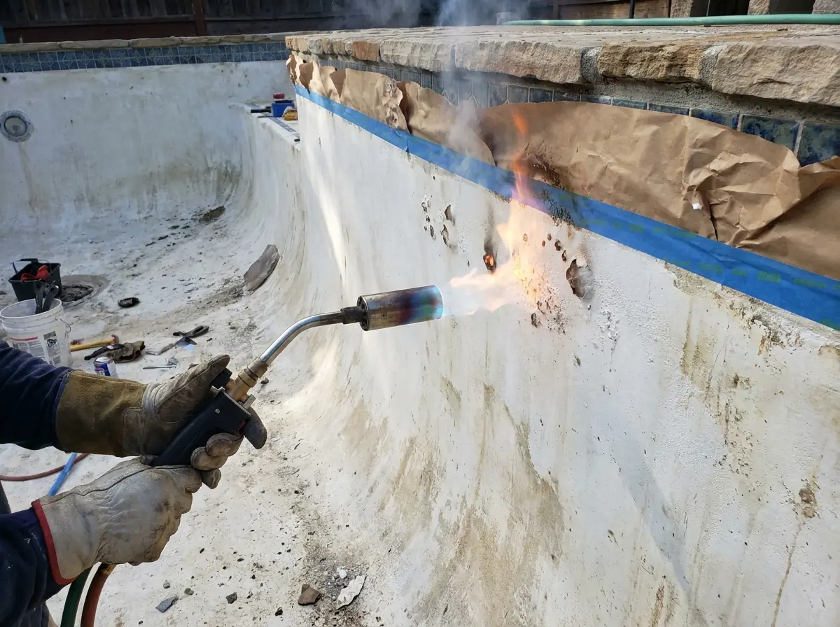 A drained pool with the tile and coping taped off while heat is run across the shell to reveal pop-outs and weak spots before refinishing.