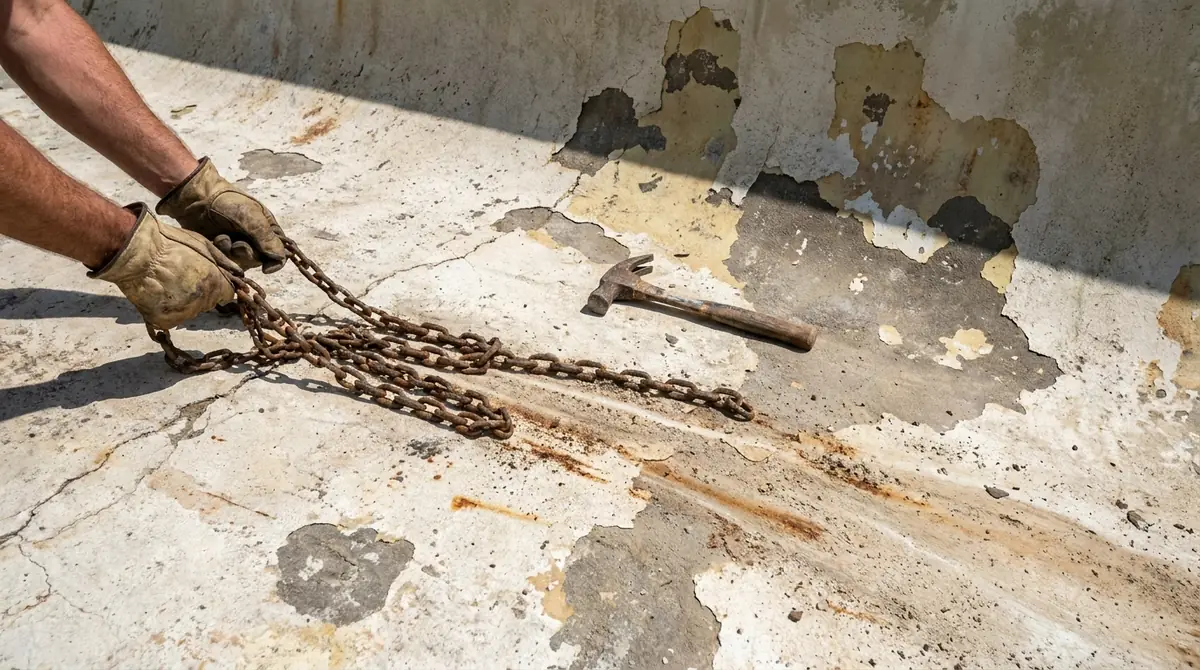A heavy tow chain being dragged across the floor of a drained gunite pool to sound out hollow spots where the plaster has separated from the shell.