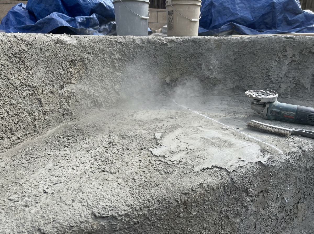 Pool surface preparation in progress, showing surface grinding and prep work before coating application.