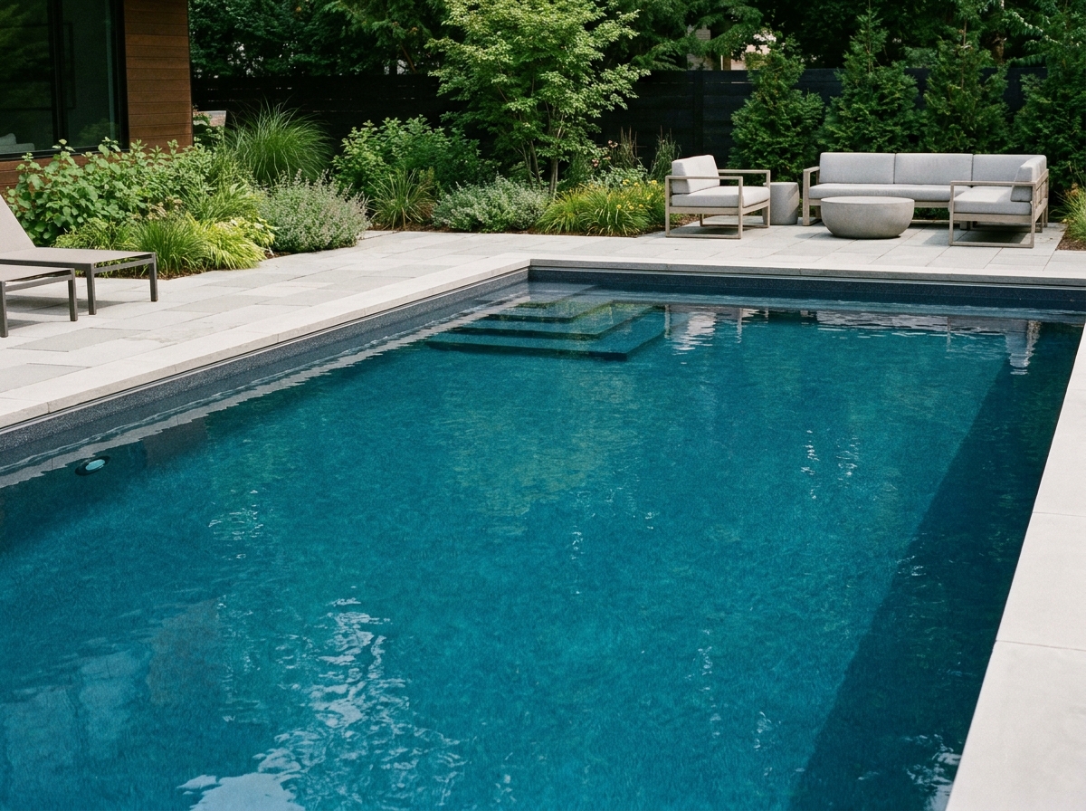 A finished, well-kept pool with clean clear water, conveying the durable long-lasting result of a quality resurfacing project.