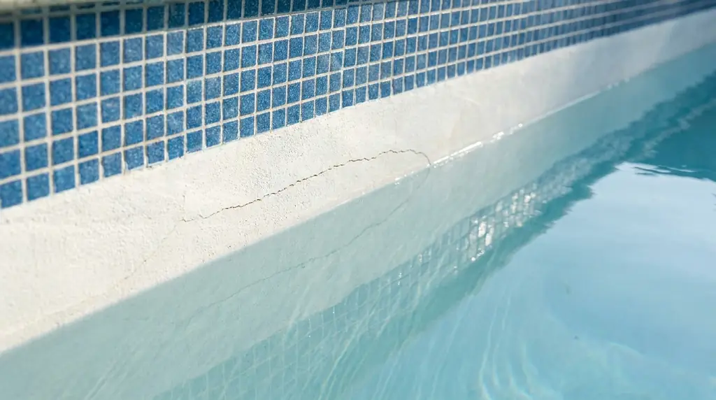 A hairline crack running along the tile line of an inground pool, the kind of damage that is usually repairable.