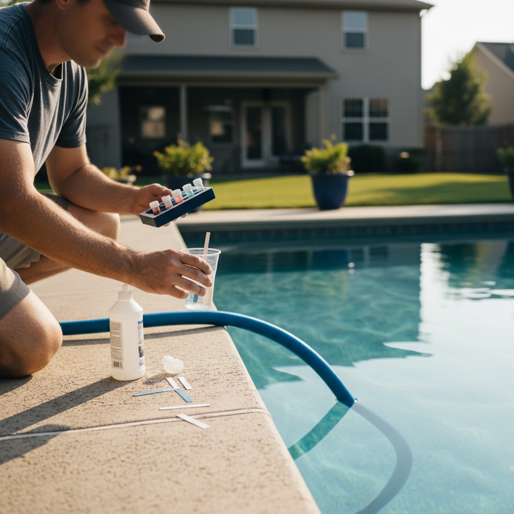 Pool equipment pad area with slight moisture around fittings, representing a pool leak detection diagnostic topic