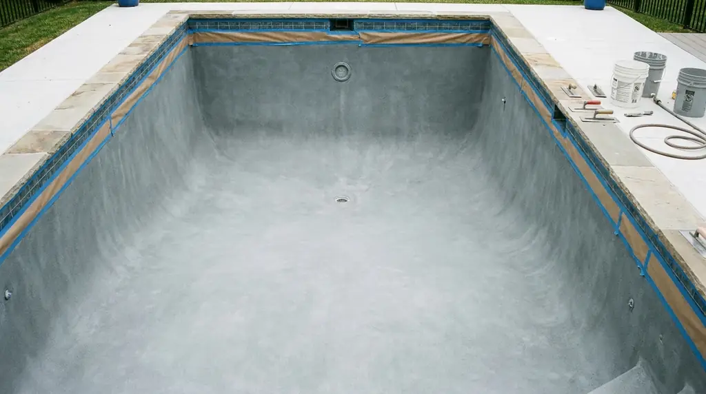 A drained gunite pool with the shell prepped and etched, ready for a base coat ahead of a new finish.