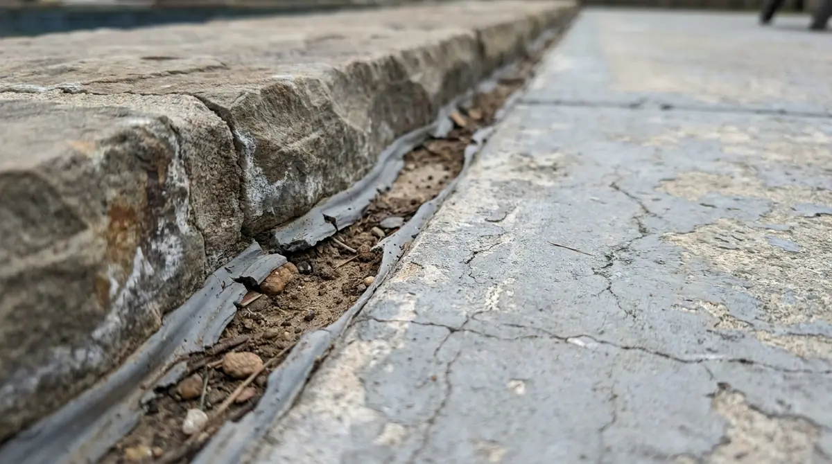Close-up of the expansion joint between pool coping and a concrete pool deck, with the flexible sealant cracked and pulling away from the edge.