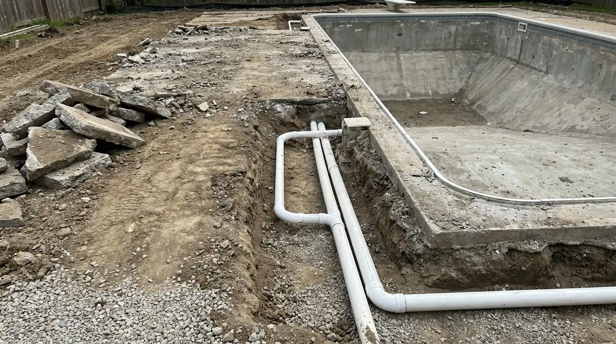 An open trench beside a pool where the concrete deck has been removed, exposing the buried return and skimmer plumbing lines before a new deck is poured.