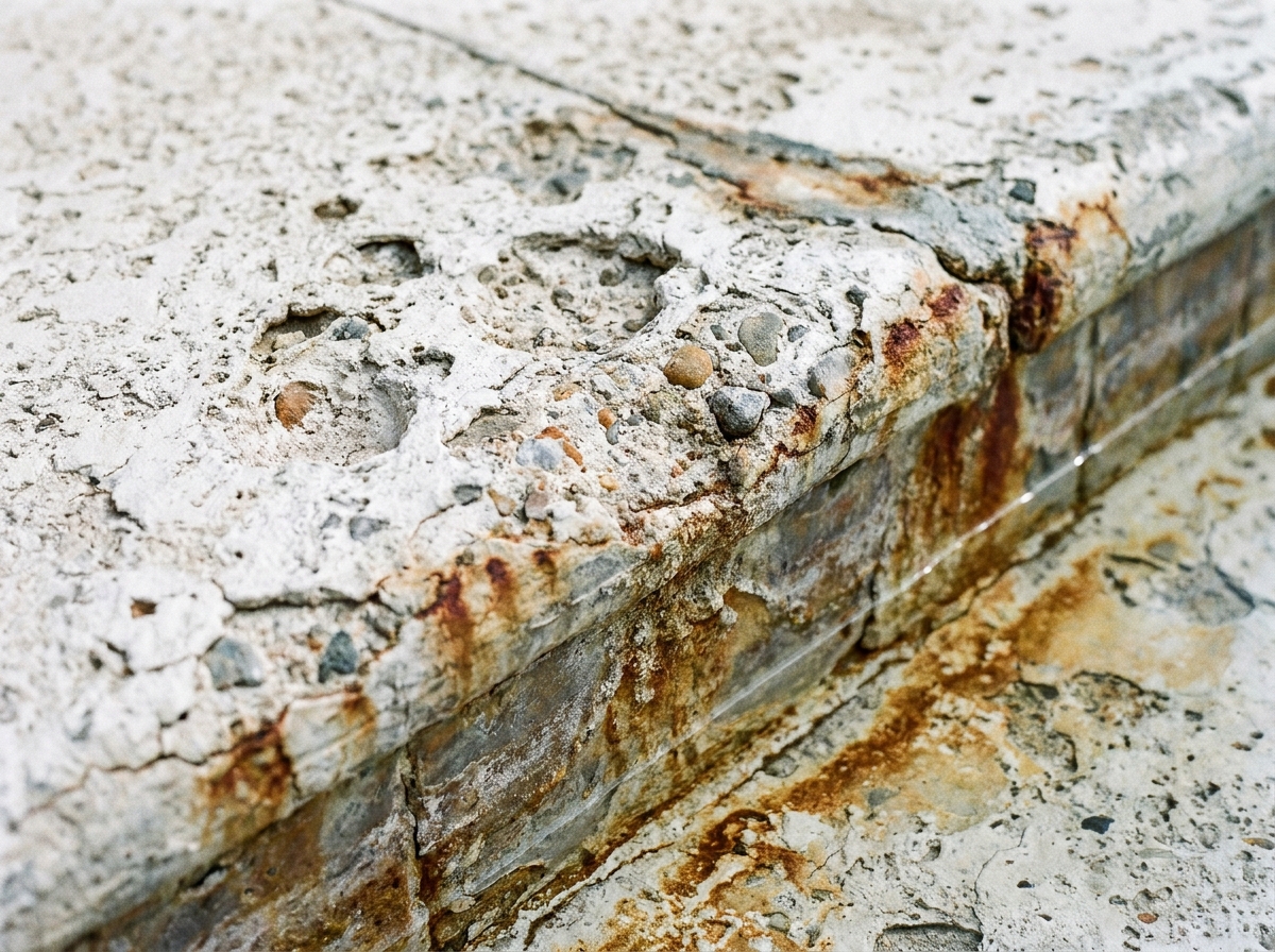 Close-up of a worn and etched pool surface showing rough texture and water staining along the waterline