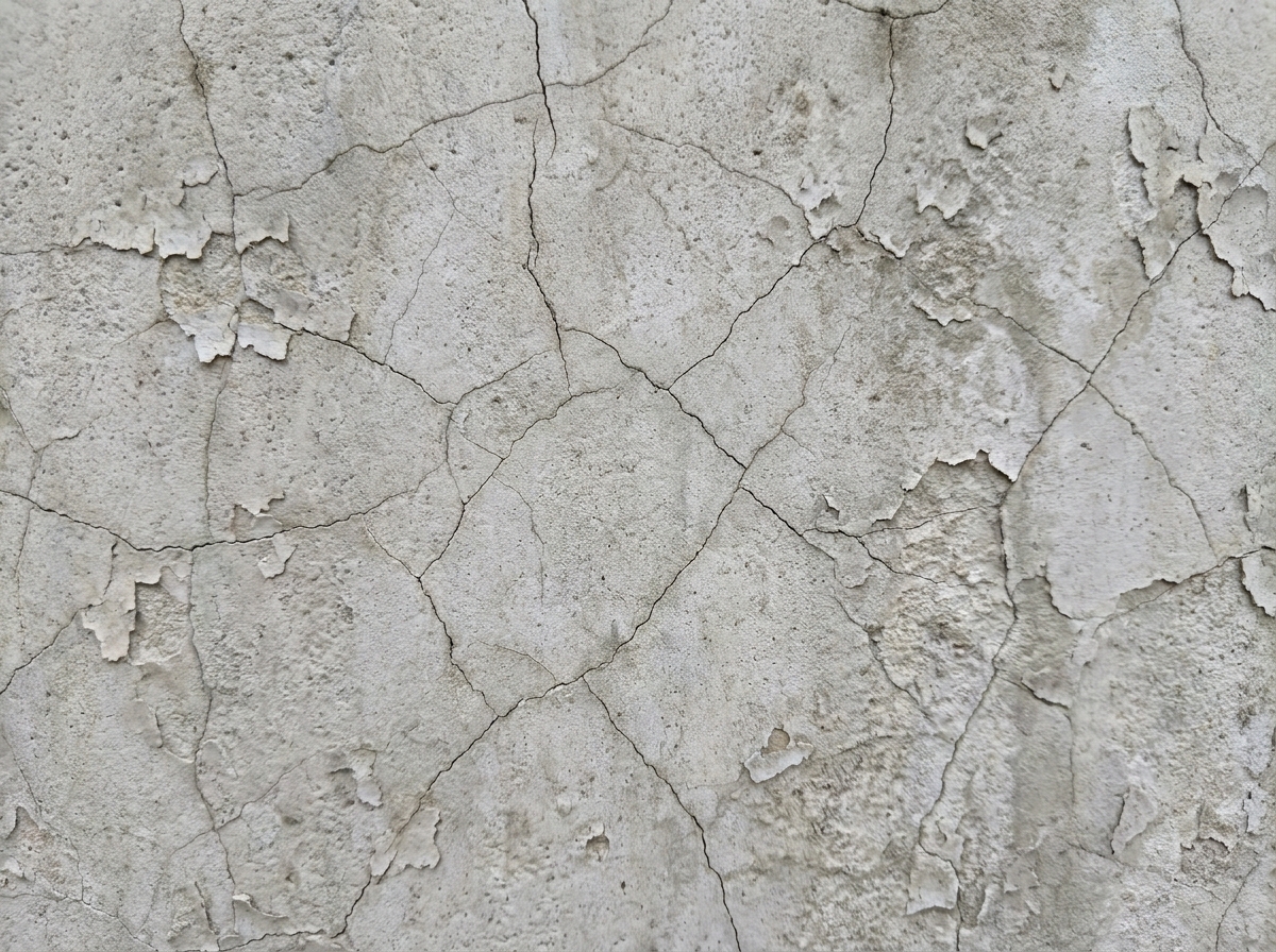 Close-up of pool surface showing fine check-cracking across aged plaster finish in natural daylight