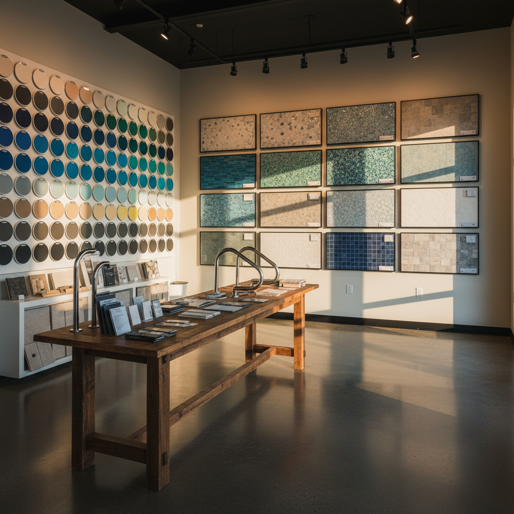 Probuilt Renovations showroom in Riverside, MO, displaying ecoFINISH color and finish samples