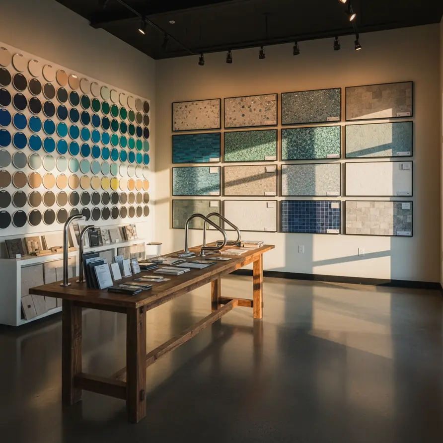 Probuilt Renovations showroom in Riverside, MO, displaying ecoFINISH color and finish samples