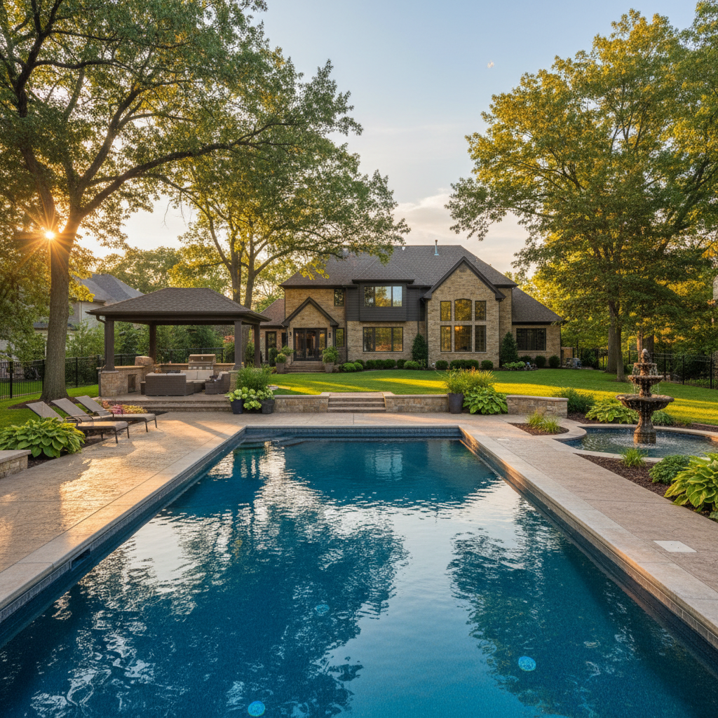 Warm upscale Kansas City backyard with a beautifully finished ecoFINISH pool in deep azure, mature trees and natural light