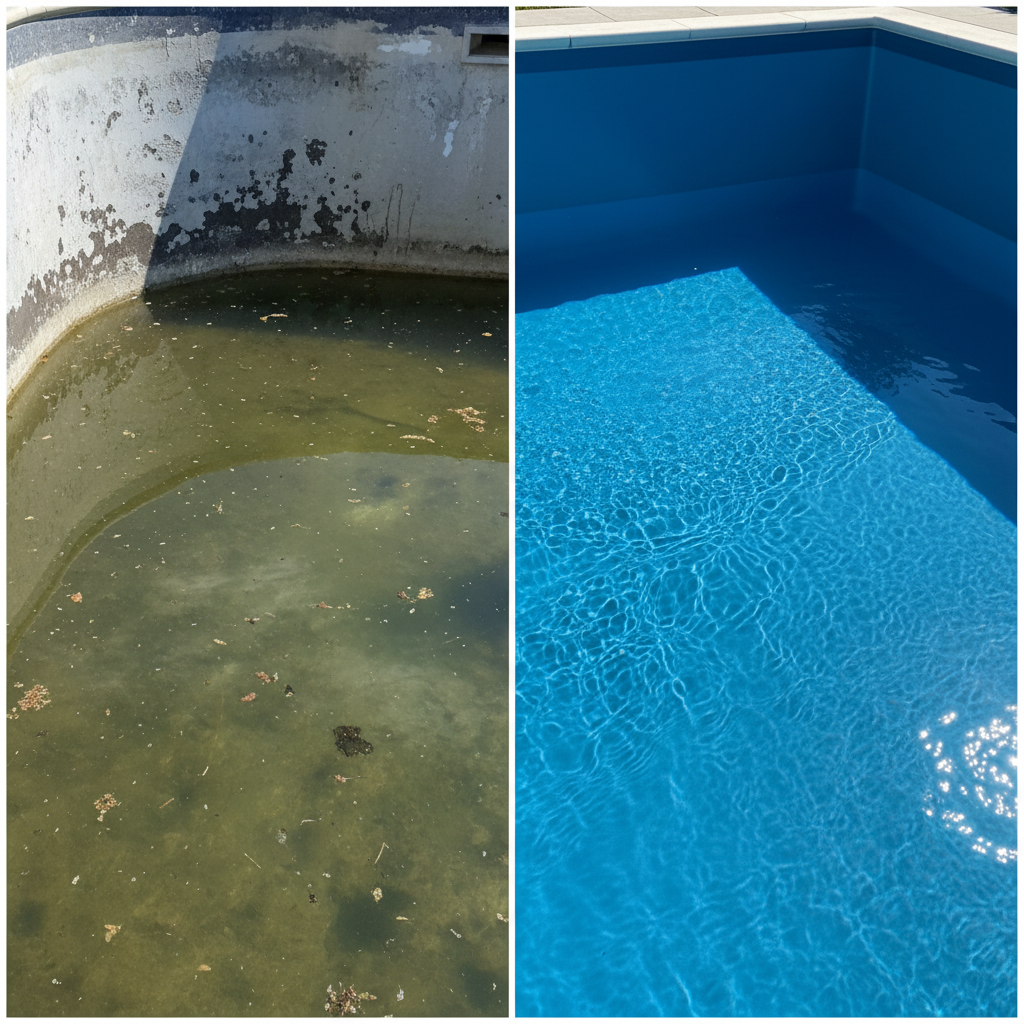 Side-by-side comparison: aging stained plaster pool on the left, smooth clean ecoFINISH coated pool with clear water on the right