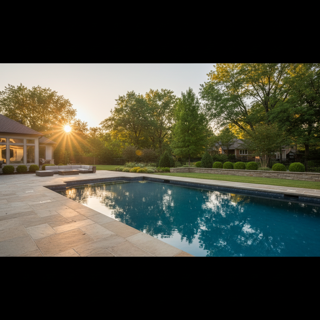 Warm evening light over a renovated residential pool with clean deck and landscaping