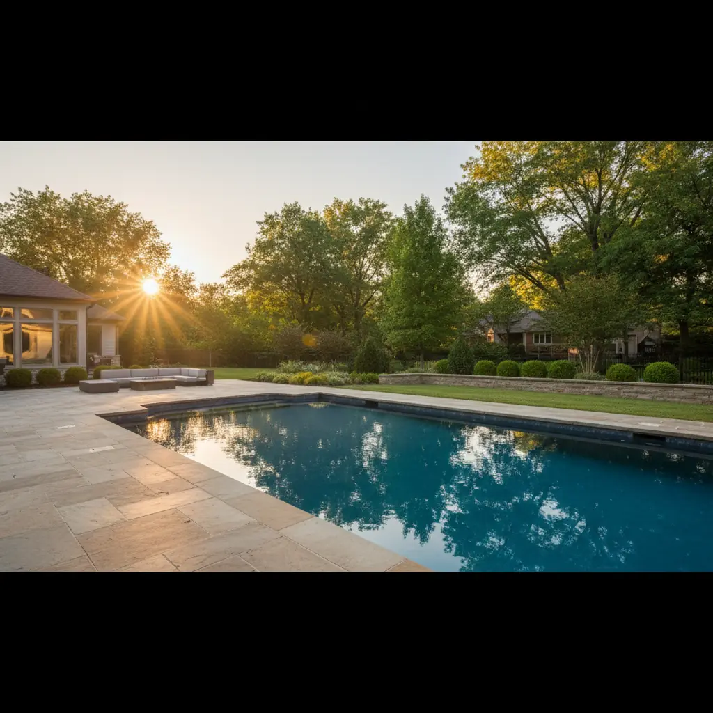 Warm evening light over a renovated residential pool with clean deck and landscaping