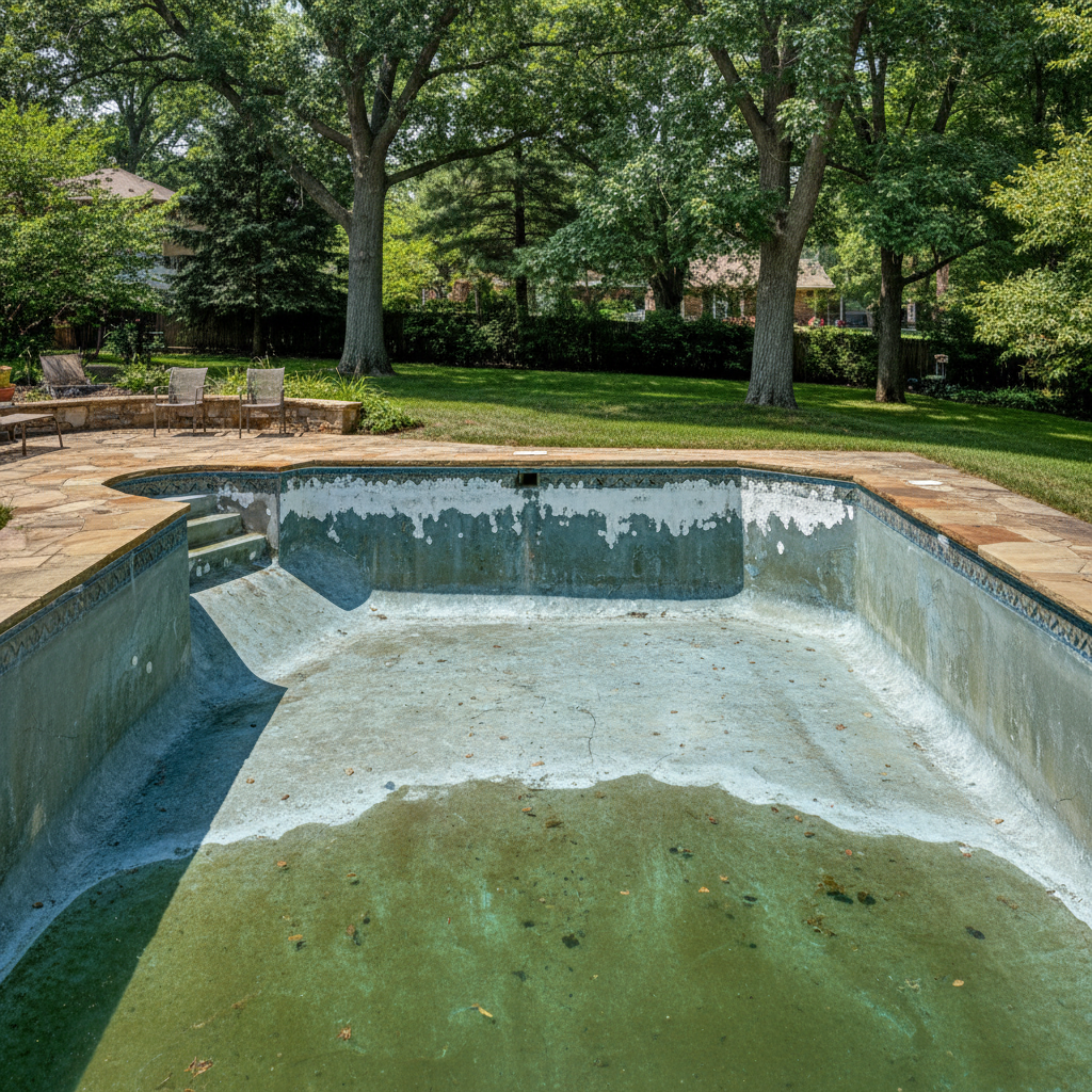An aging gunite pool surface showing rough plaster, staining, and chalky patches before renovation.
