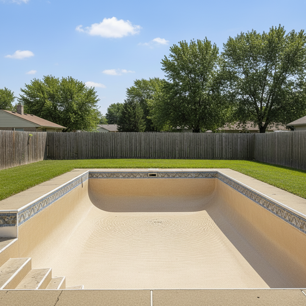 Pool after ecoFINISH resurfacing with Sandy Beach finish showing warm light tone on clear water
