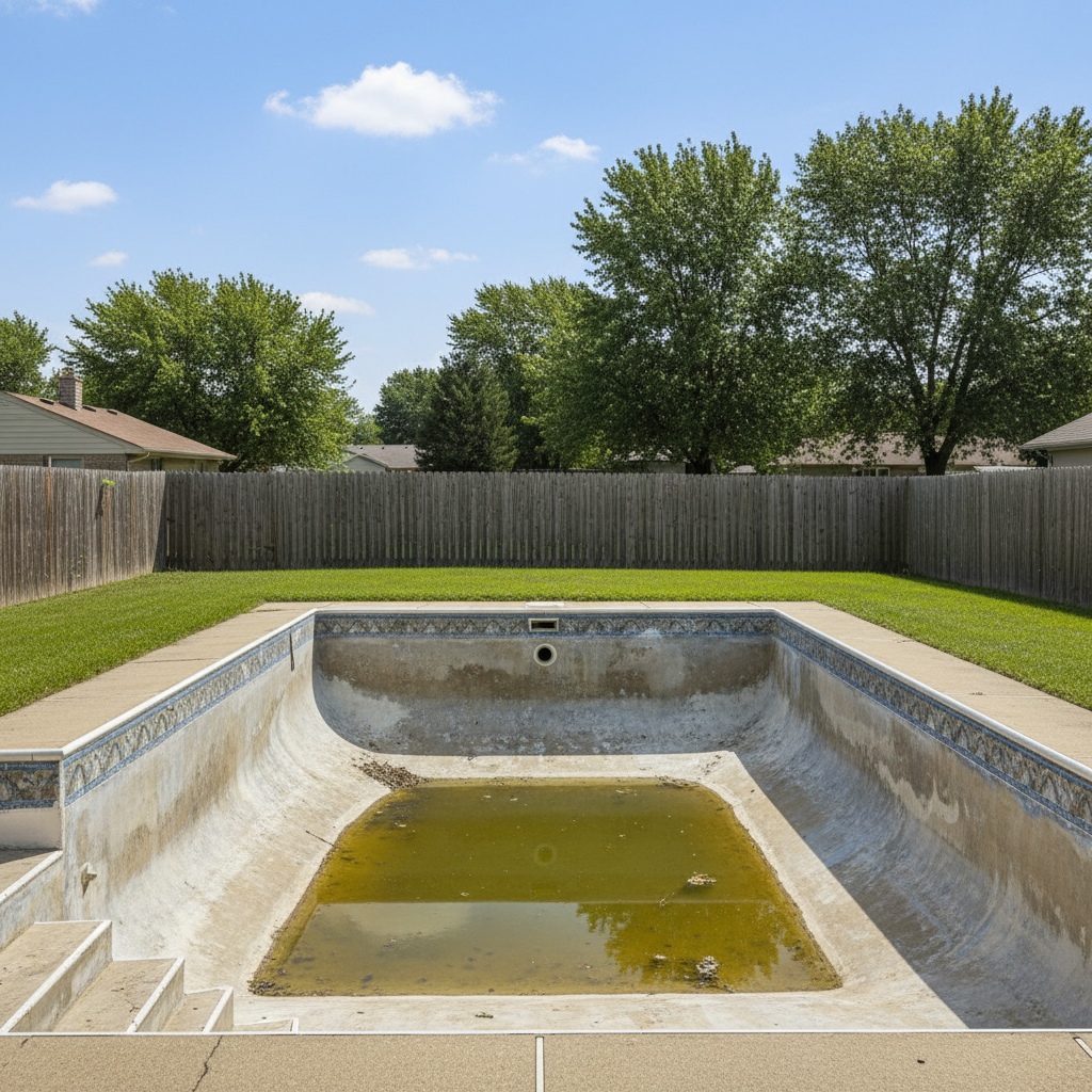 Aging gunite pool surface showing rough plaster and staining before resurfacing, a representative example