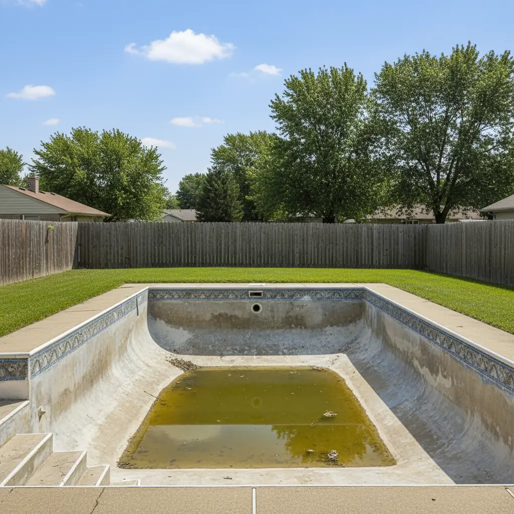 An aging gunite pool surface showing rough plaster, chalky patches, and staining before renovation.