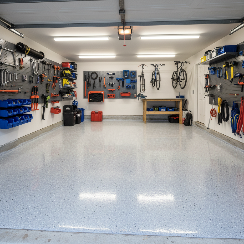 Garage floor after professional coating showing clean decorative protective finish