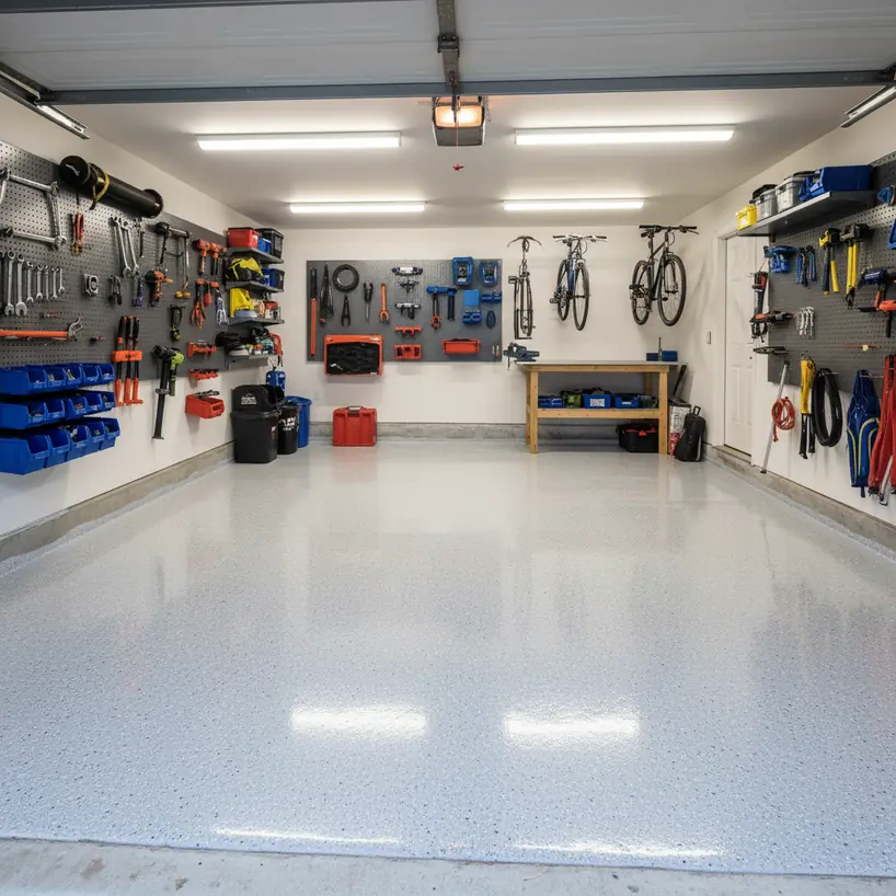 Garage floor after professional coating showing clean decorative protective finish