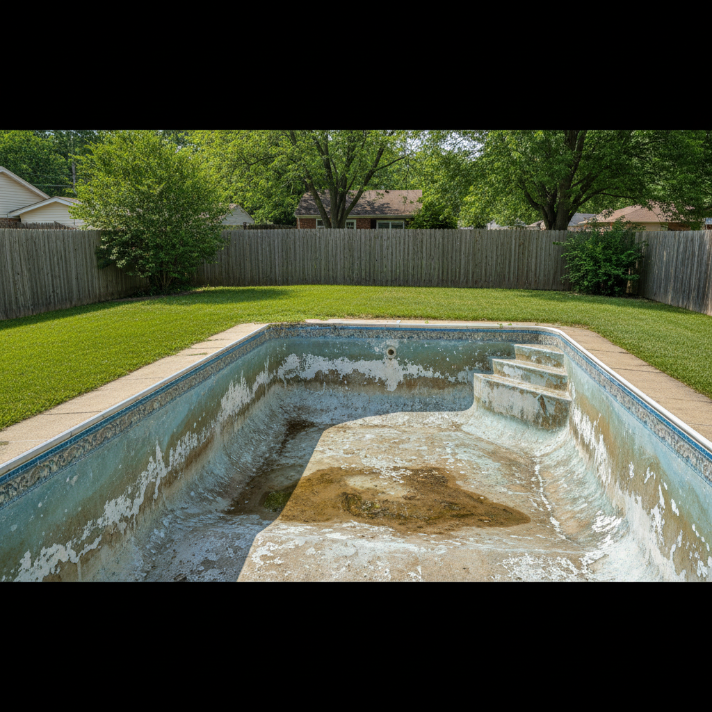 An aging gunite pool surface showing rough plaster, staining, and chalky patches before renovation.