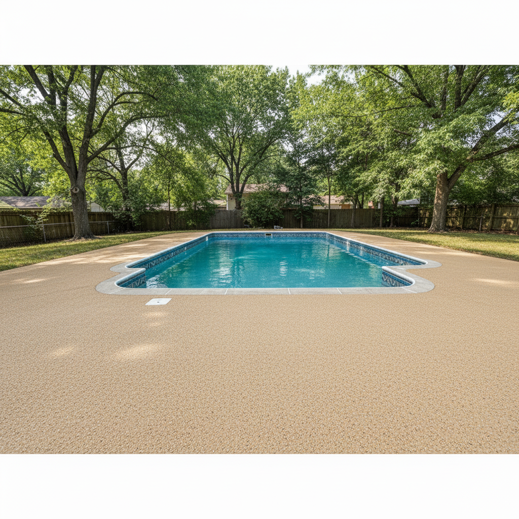 Pool deck after Rubberstone resurfacing showing even slip-resistant surface and renewed appearance