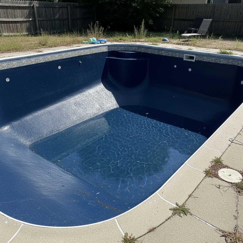 Same pool renovated with deep Midnight Blue ecoFINISH polymer coating, clean sparkling water, and renewed suburban backyard