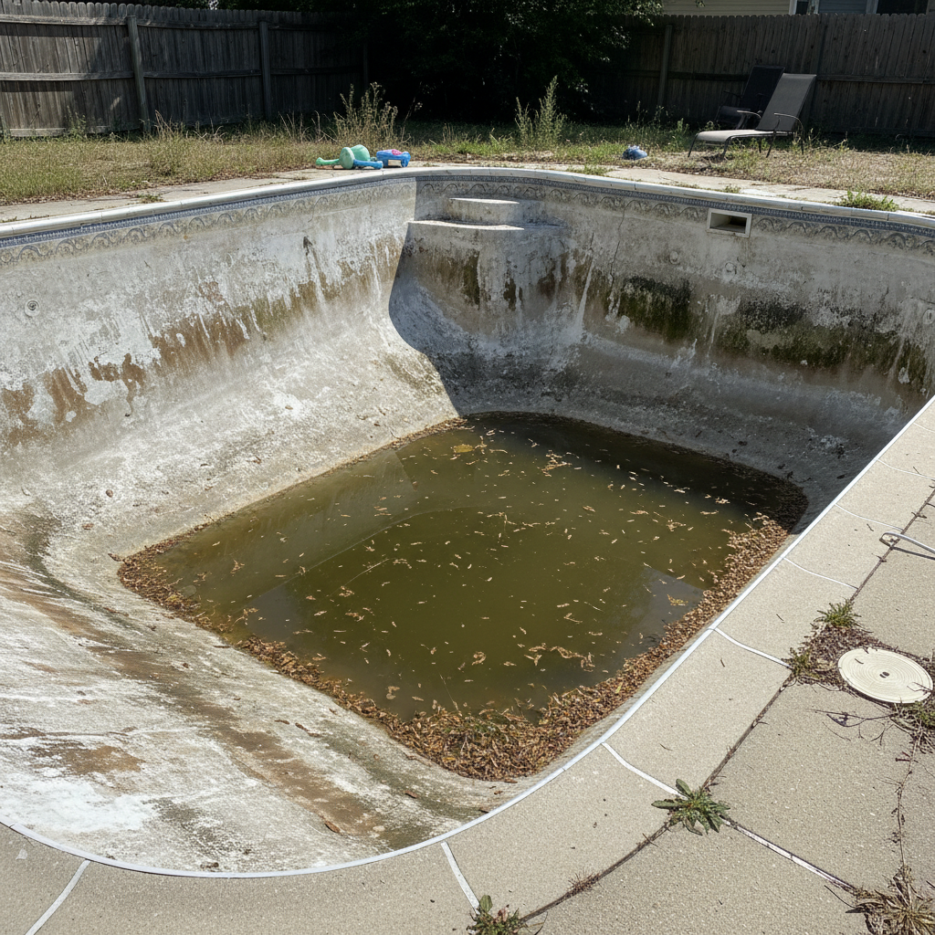 Neglected residential pool with heavily stained plaster, murky water, and surface deterioration before renovation