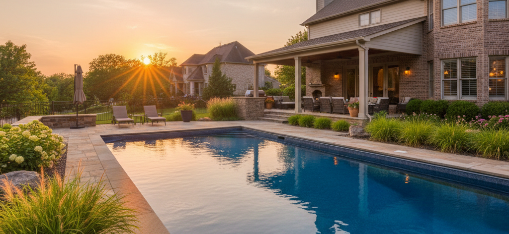 Warm golden hour sunset over a beautifully renovated residential pool with covered patio and brick home in a Kansas City neighborhood