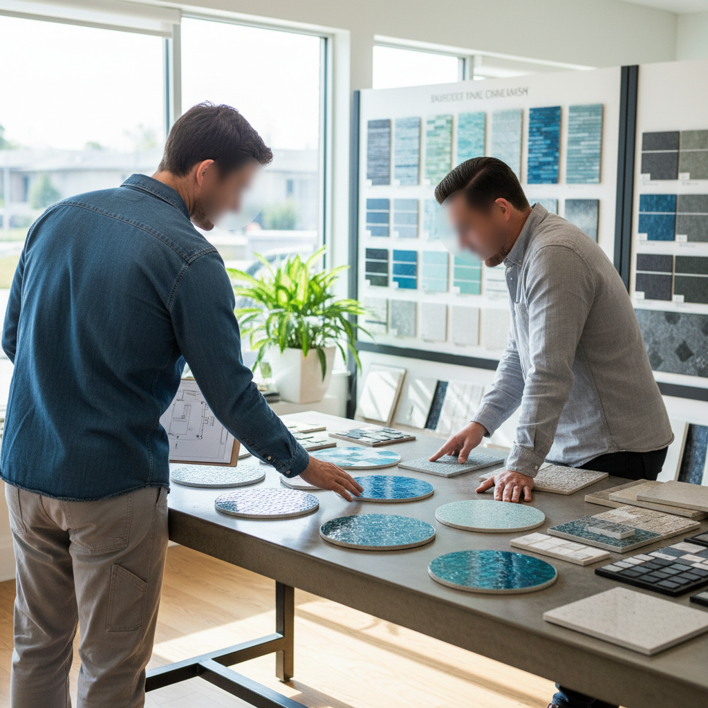 Two professionals reviewing pool finish samples at a pool renovation showroom, natural light, warm documentary feel