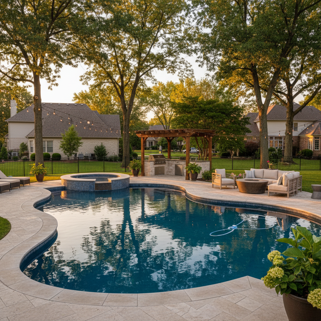 Beautiful renovated pool at dusk in a Kansas City suburban backyard with mature trees and warm evening light