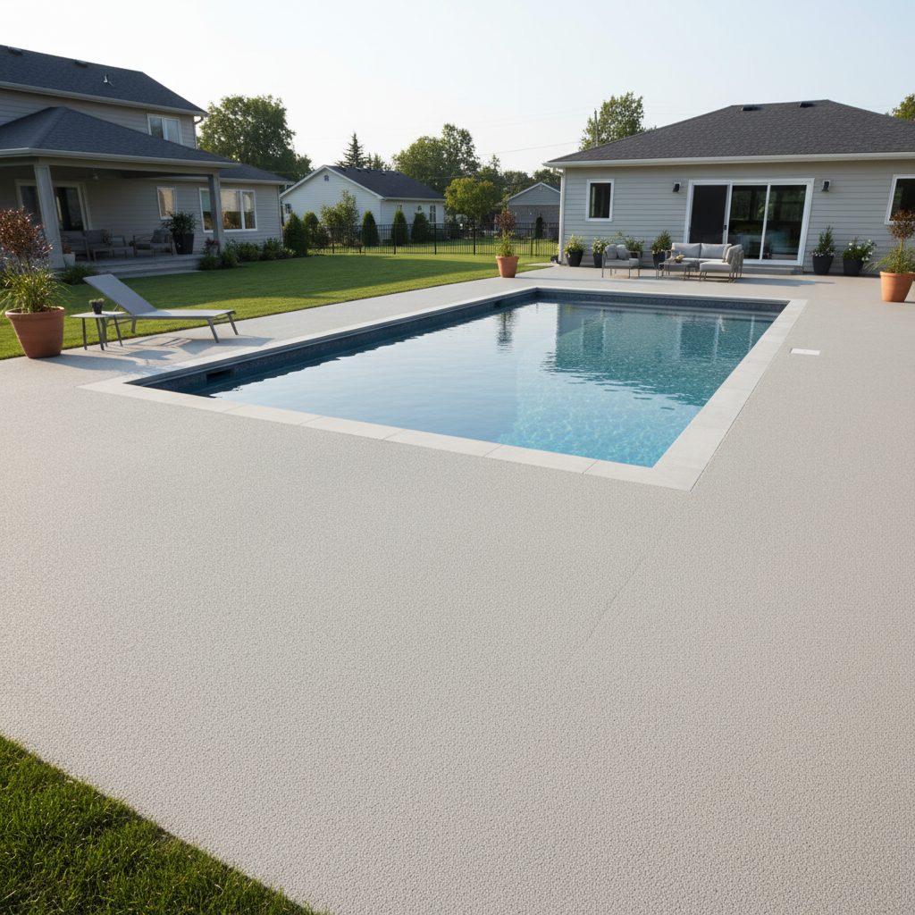 Freshly renovated pool deck with Rubberstone textured non-slip surface coating around a clean residential pool