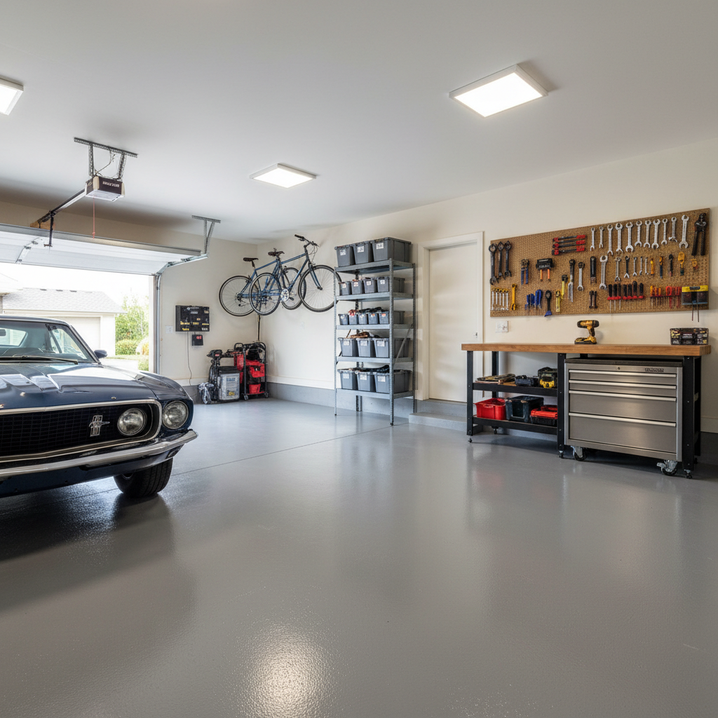 Residential garage with a freshly applied smooth grey epoxy-style protective floor coating