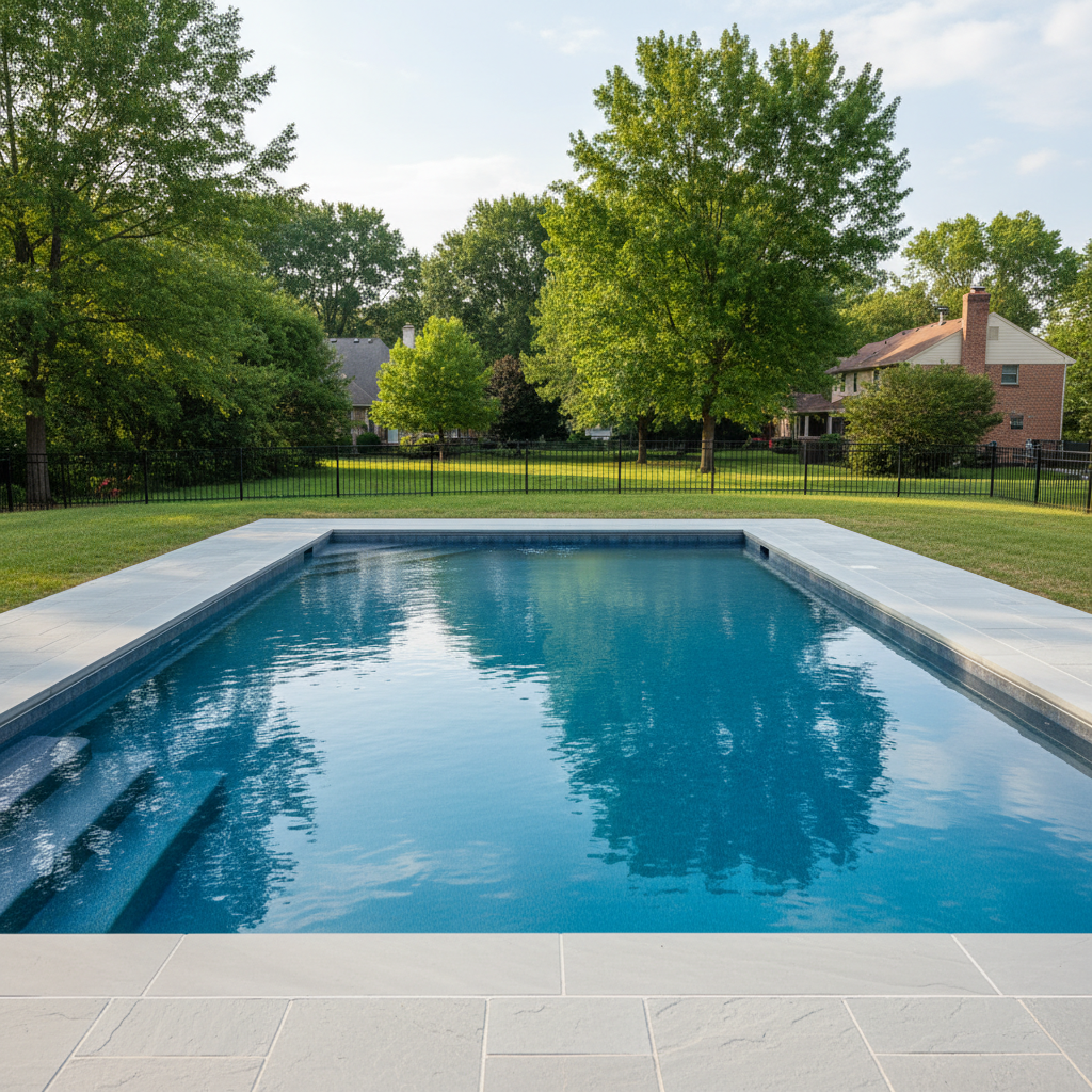 Refinished gunite pool with clean smooth surface and blue water in a Kansas City suburban backyard