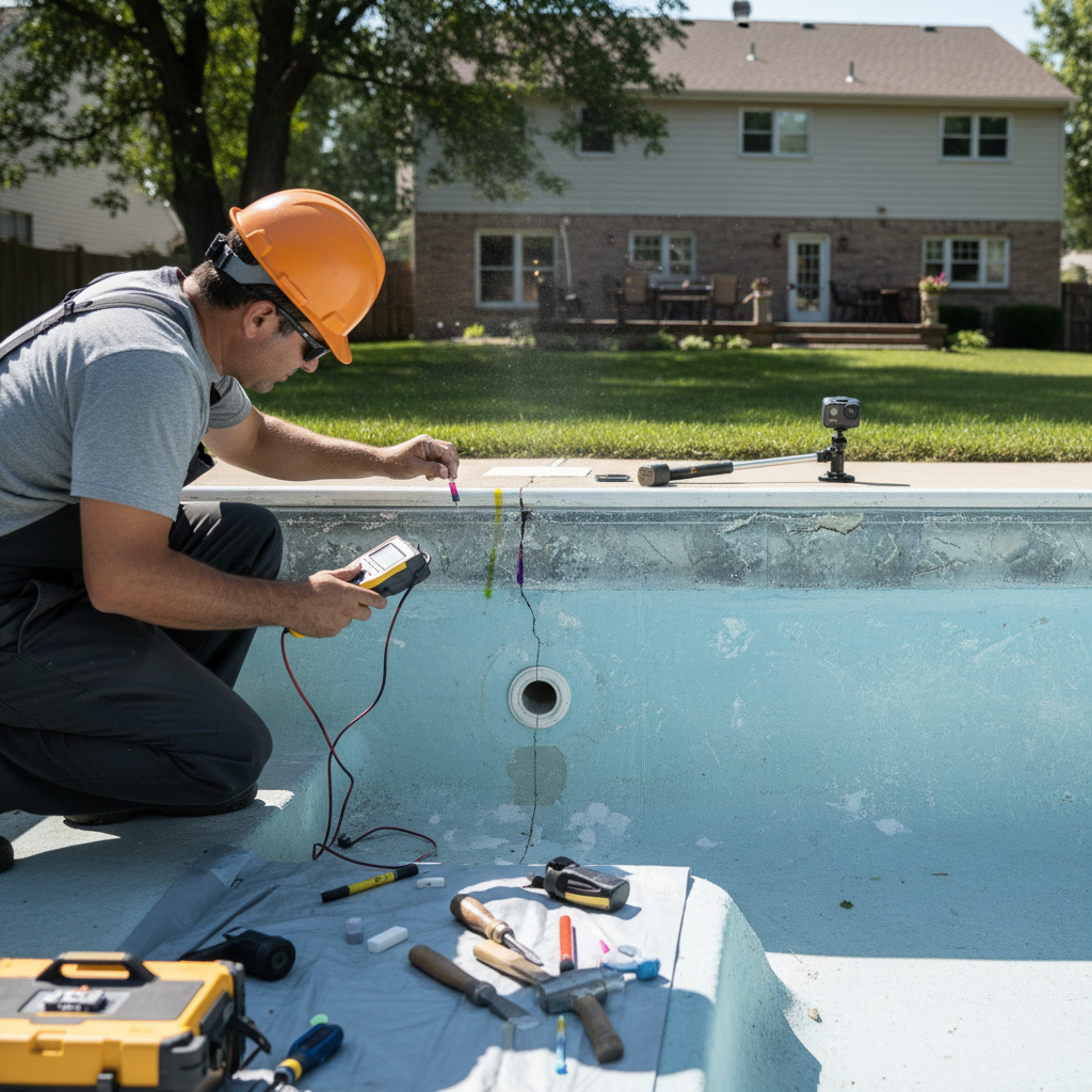 Pool leak detection technician using diagnostic equipment at the edge of a drained residential pool in a suburban Kansas City backyard