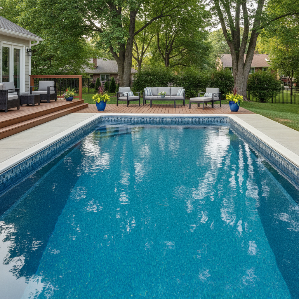 Residential inground pool with a new vinyl liner installation showing crisp pattern and clean blue water in a Kansas City backyard