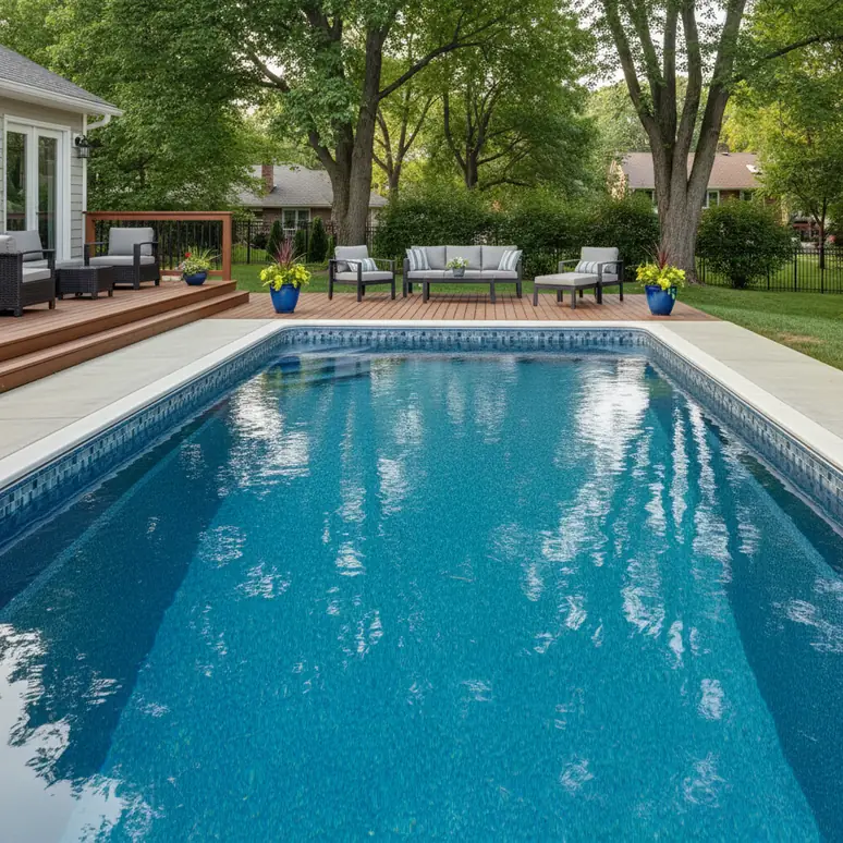 Residential inground pool with a new vinyl liner installation showing crisp pattern and clean blue water in a Kansas City backyard