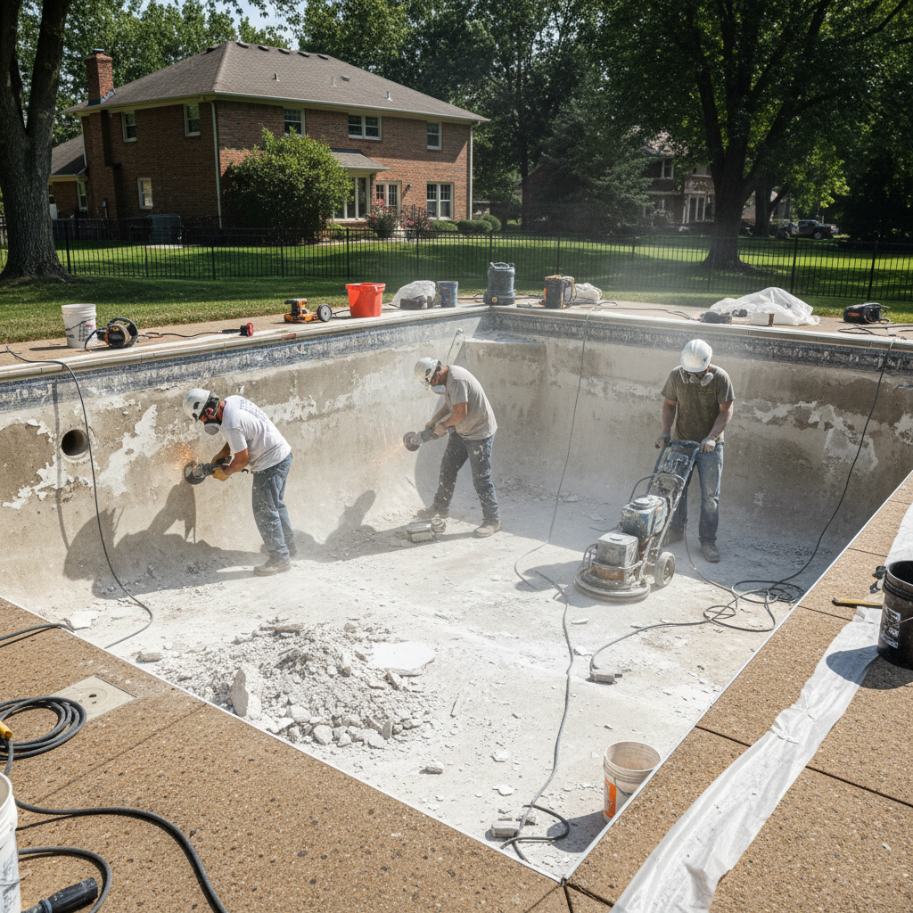Pool renovation crew grinding and preparing the interior surface of a drained residential pool, demonstrating thorough prep work