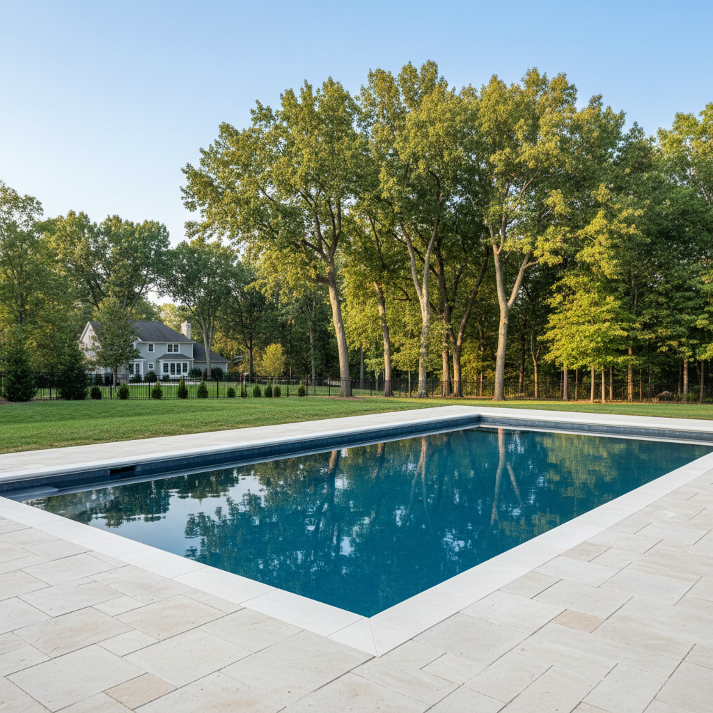 Inground pool in an established Kansas City, MO backyard showing surface wear and age, representing the aging pool stock common across the city