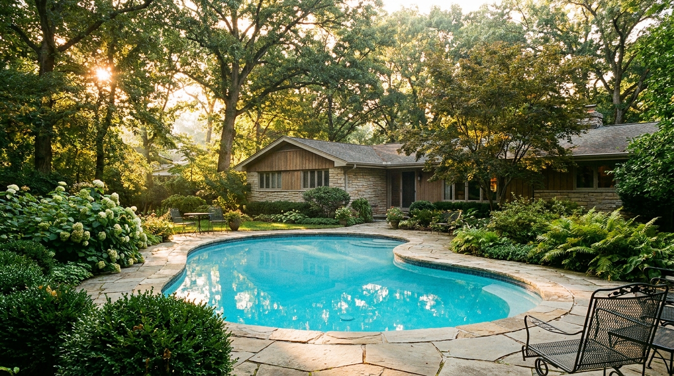 Inground pool freshly resurfaced behind an established upscale mid-century home on a mature tree-lined lot, clean azure water and premium finish in warm daylight