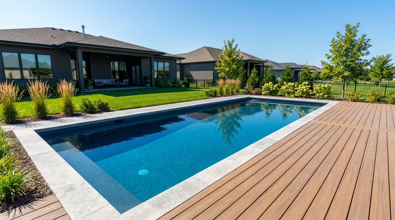 Freshly resurfaced inground gunite pool in an upscale suburban Lenexa-area backyard, clear blue water reflecting warm daylight