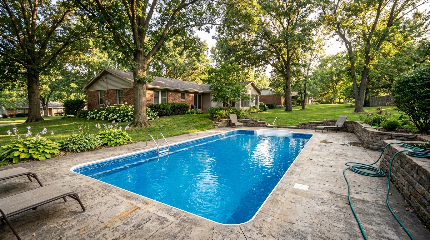 A freshly renovated inground pool in an established Clay County suburban backyard, clear blue water and smooth new surface.