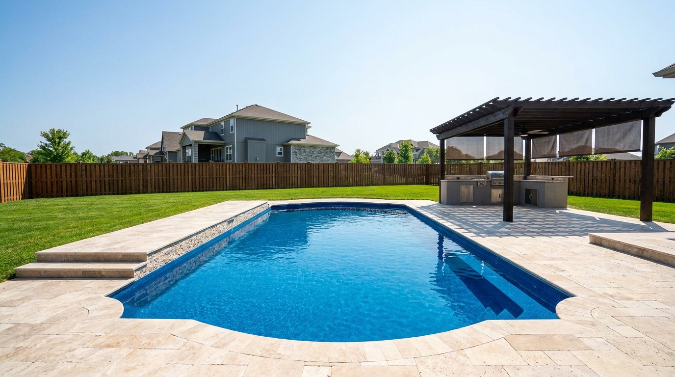 A freshly resurfaced inground pool in an upscale Overland Park suburban backyard, clear blue water and smooth new surface finish.