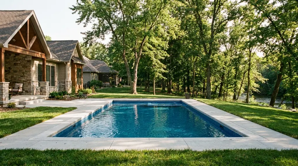 A freshly renovated inground gunite pool in an upscale Northland suburban backyard, clear blue water and clean surroundings in warm daylight.