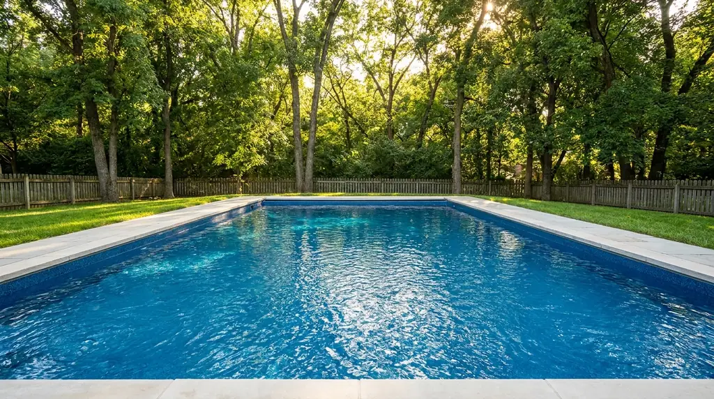 Freshly resurfaced inground gunite pool in a wooded family-suburb backyard typical of established Shawnee neighborhoods